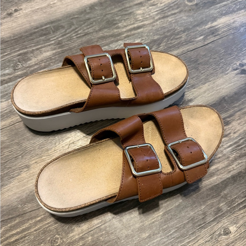 Clarks Botanic Slide brown leather strap sandals SZ 9